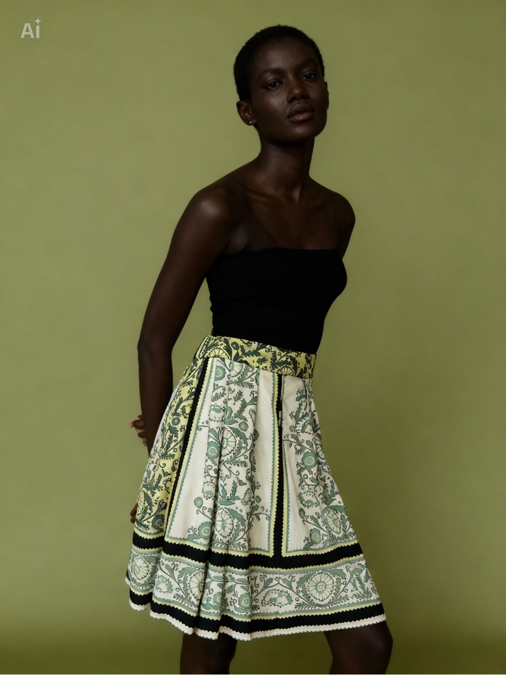 New York & Company Green and Cream Printed Circle Skirt